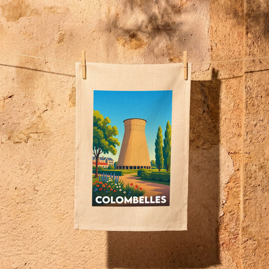 Torchon souvenir de la ville de Colombelles illustré d'un style rétro mettant en scène sa tour emblématique.