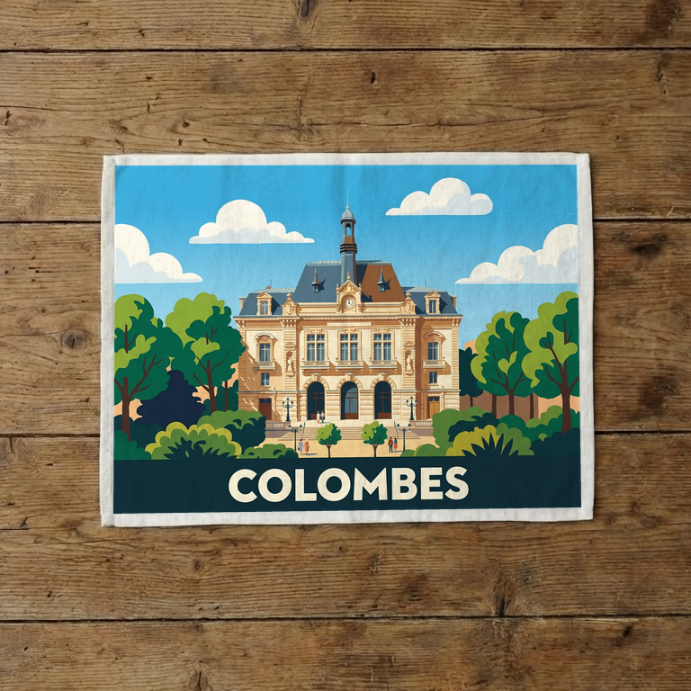 Torchon souvenir de la ville de Colombes avec une illustration stylisée de son hôtel de ville.