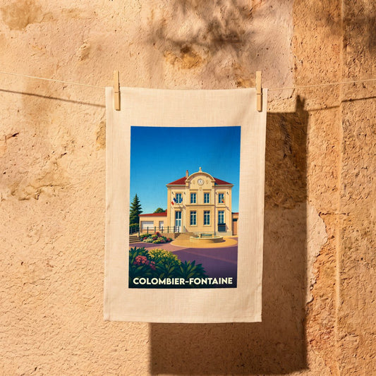 Torchon souvenir de la ville de Colombier-Fontaine avec une illustration stylisée.