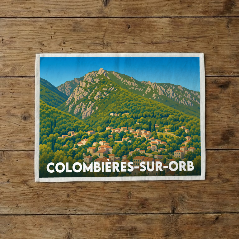 Torchon souvenir de Colombières-sur-Orb avec une illustration stylisée du village au pied des montagnes.