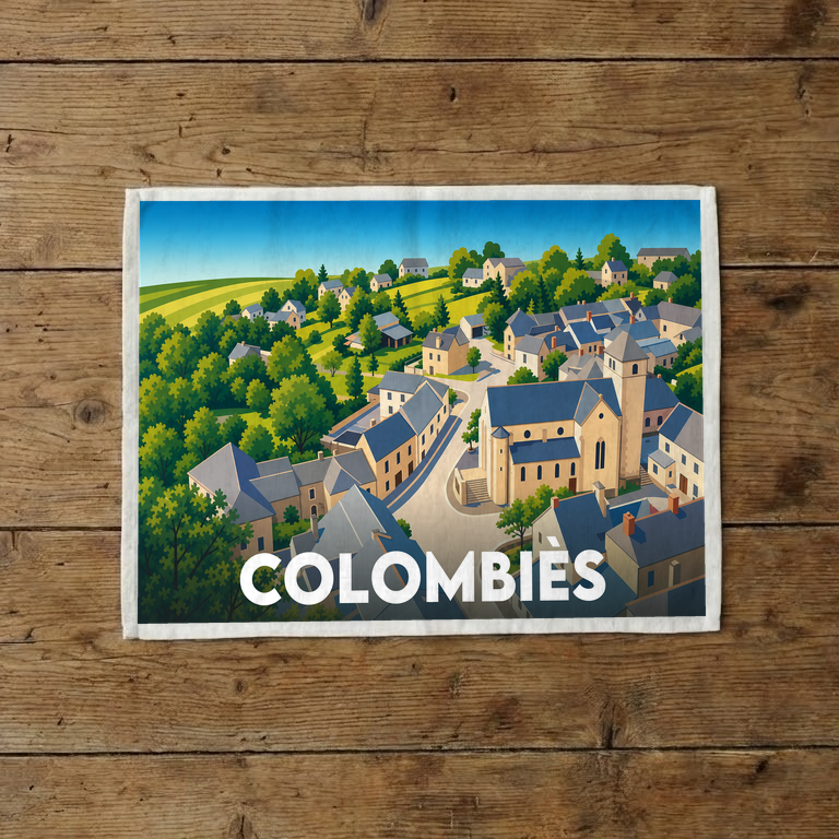 Torchon souvenir de la ville de Colombiès avec une illustration colorée et stylisée du village.