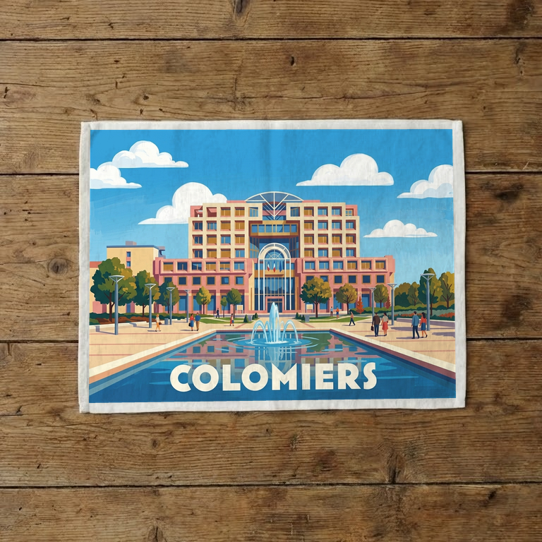Torchon souvenir de la ville de Colomiers avec une illustration graphique stylisée de son paysage urbain et d'une fontaine.
