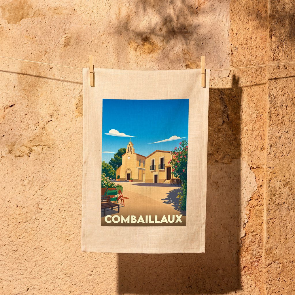 Torchon souvenir de la ville de Combaillaux avec une illustration stylisée.