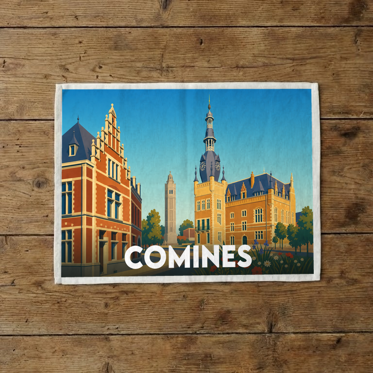 Torchon souvenir de la ville de Comines illustrant son architecture emblématique dans un style graphique épuré.