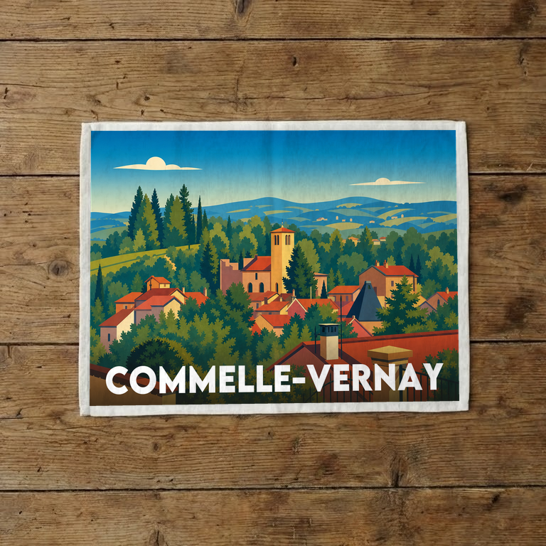 Torchon souvenir de la ville de Commelle-Vernay avec une illustration de paysage stylisée.