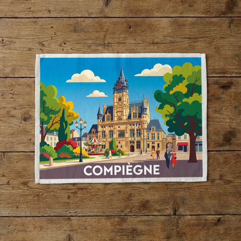 Torchon souvenir de la ville de Compiègne avec une illustration stylisée de l'hôtel de ville.
