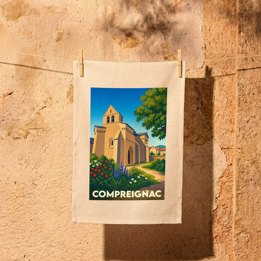 Torchon souvenir de la ville de Compreignac illustré d'une vue stylisée de son église fortifiée.