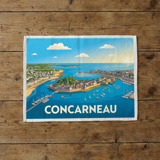Torchon souvenir de la ville de Concarneau avec une illustration stylisée de son port et de sa Ville Close.