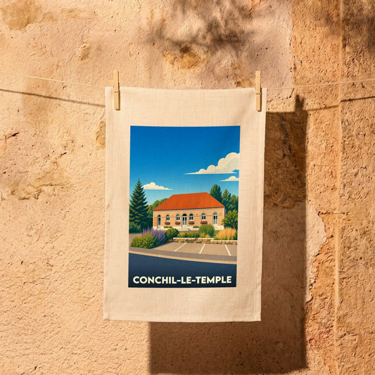 Torchon souvenir de la ville de Conchil-le-Temple avec une illustration stylisée de son architecture.
