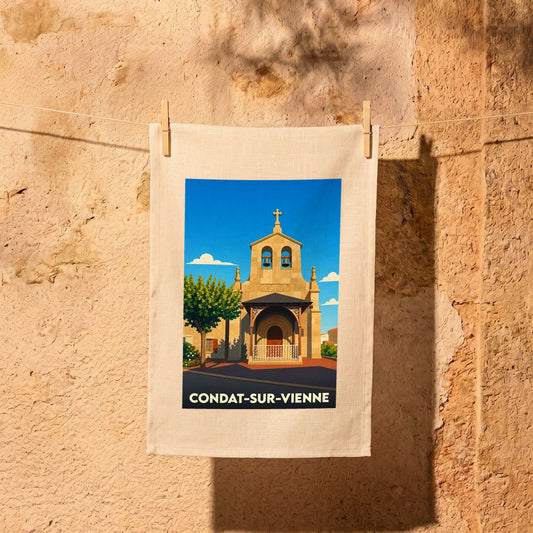 Torchon souvenir de la ville de Condat-sur-Vienne avec une illustration stylisée d'une église.