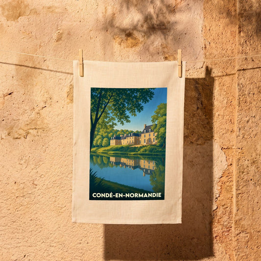 Torchon souvenir de la ville de Condé-en-Normandie illustré d'un paysage bucolique stylisé.