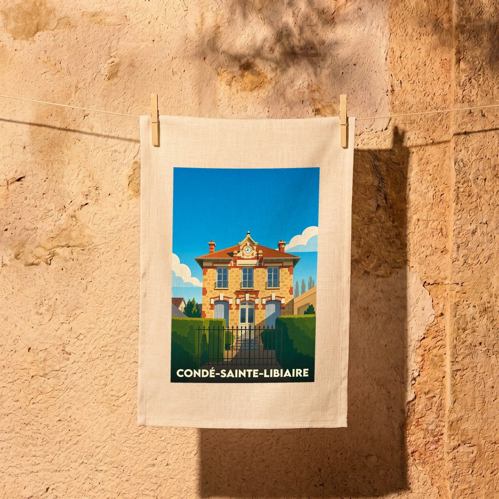 Torchon souvenir de la ville de Condé-Sainte-Libiaire avec une illustration stylisée d'une bâtisse historique.