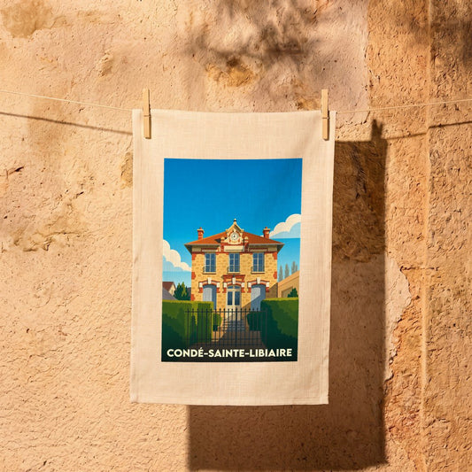 Torchon souvenir de la ville de Condé-Sainte-Libiaire avec une illustration stylisée d'une bâtisse historique.