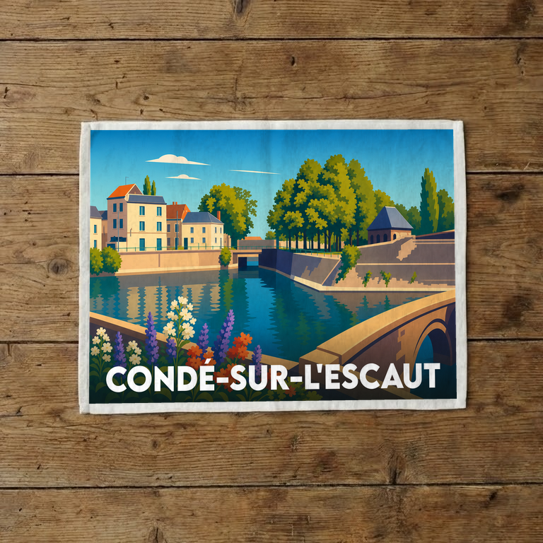 Torchon souvenir de la ville de Condé-sur-l'Escaut avec une illustration stylisée de ses canaux et de son architecture.