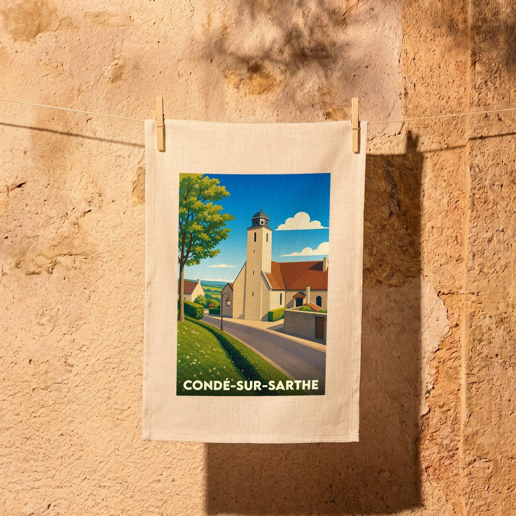 Torchon souvenir de la ville de Condé-sur-Sarthe avec une illustration stylisée de son église.