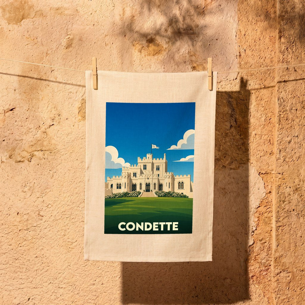 Torchon souvenir de la ville de Condette illustrant son château dans un style épuré.