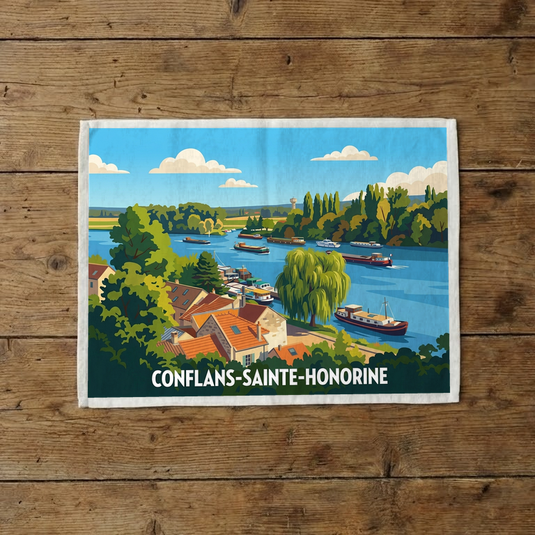 Torchon souvenir de la ville de Conflans-Sainte-Honorine avec une illustration stylisée d'un paysage fluvial.