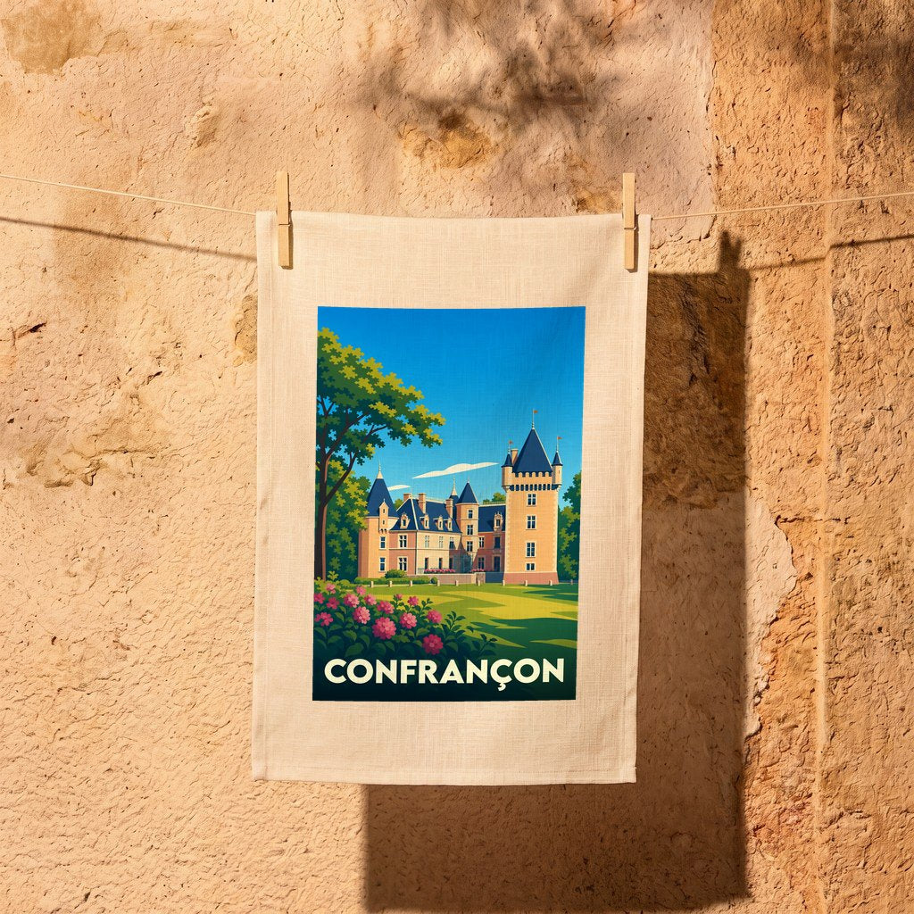Torchon souvenir de la ville de Confrançon avec une illustration stylisée de son château.