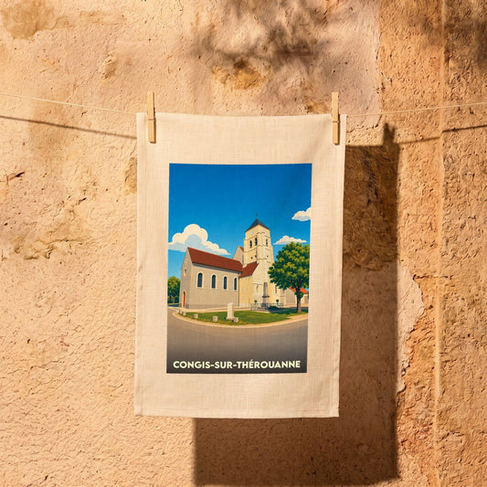 Torchon souvenir de la ville de Congis-sur-Thérouanne avec une illustration stylisée de son église.