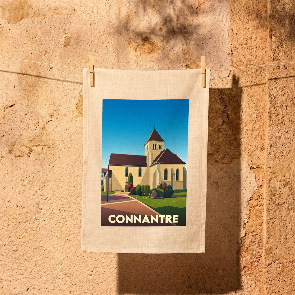 Torchon souvenir de la ville de Connantre illustré d’un dessin stylisé de son église.