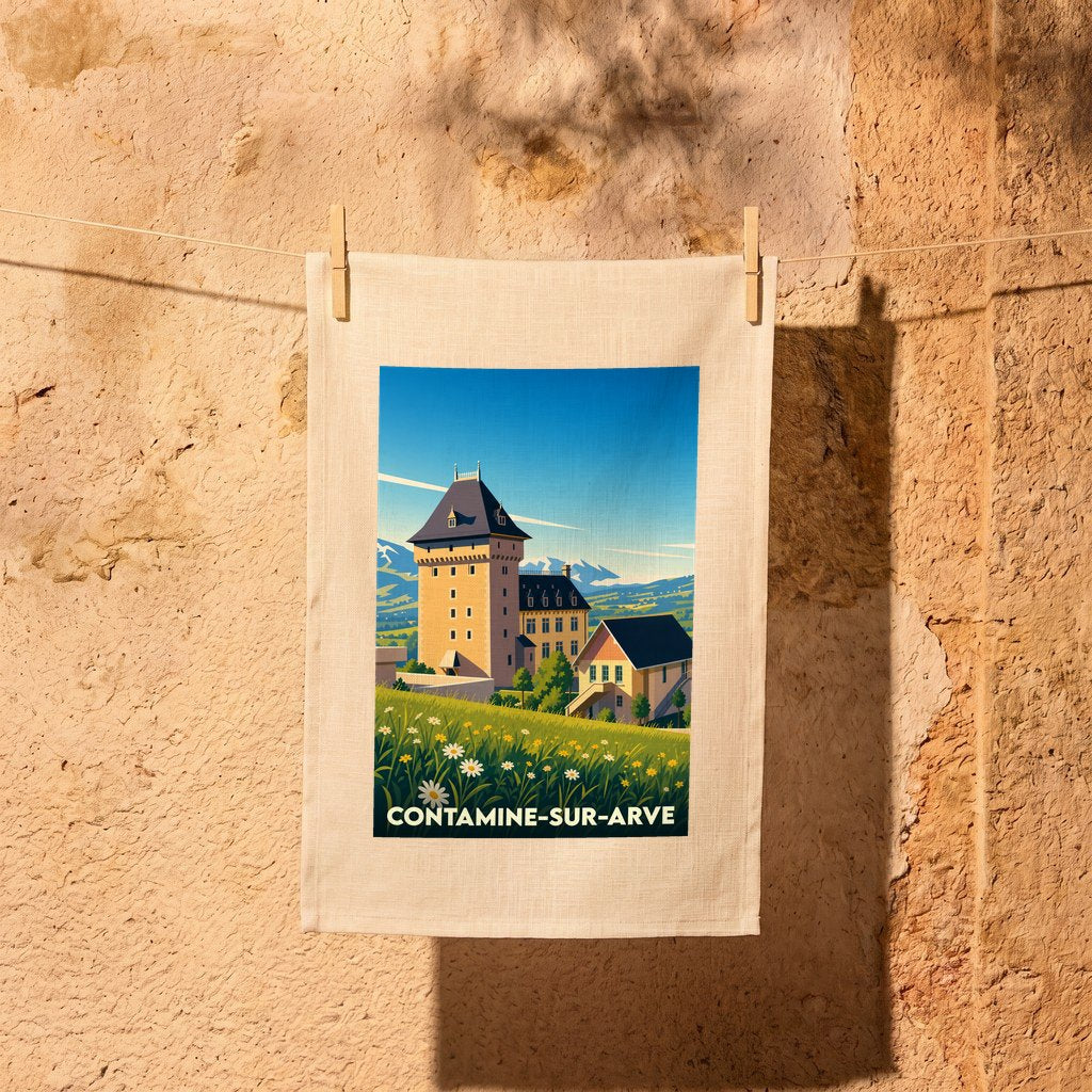 Torchon souvenir de la ville de Contamine-sur-Arve avec une illustration stylisée de son patrimoine.
