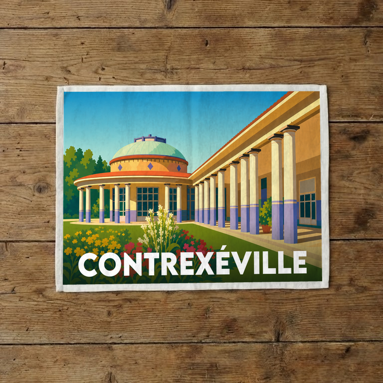 Torchon souvenir de la ville de Contrexéville avec une illustration stylisée de son architecture thermale.