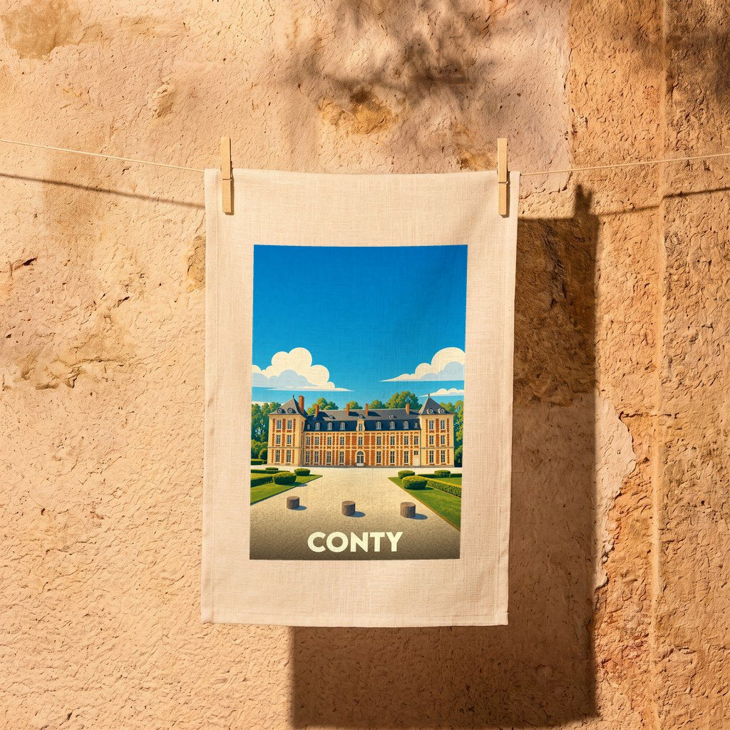 Torchon souvenir de la ville de Conty avec une illustration stylisée de son château.