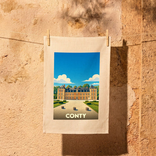 Torchon souvenir de la ville de Conty avec une illustration stylisée de son château.