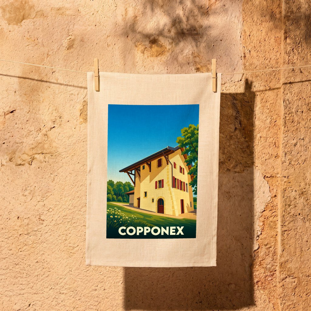 Torchon souvenir de la ville de Copponex avec une illustration stylisée d'une maison traditionnelle savoyarde.