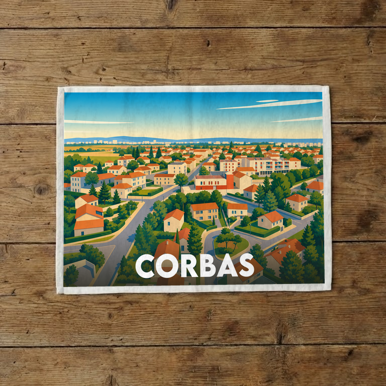 Torchon souvenir de la ville de Corbas arborant une illustration stylisée et colorée de ses quartiers résidentiels.