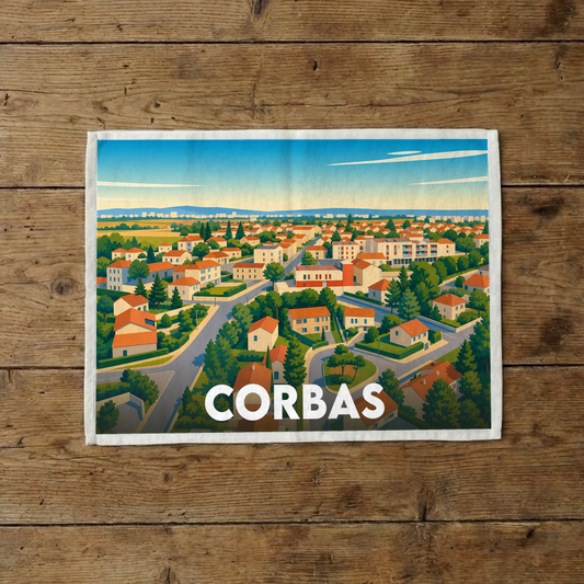 Torchon souvenir de la ville de Corbas arborant une illustration stylisée et colorée de ses quartiers résidentiels.
