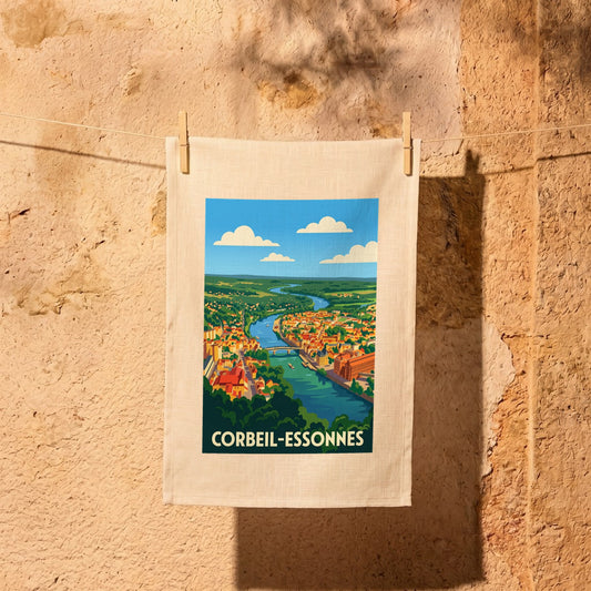 Torchon souvenir de la ville de Corbeil-Essonnes avec une illustration stylisée.