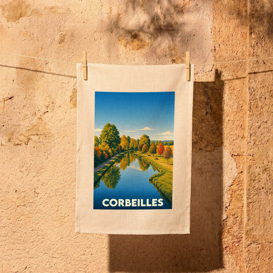 Torchon souvenir de la ville de Corbeilles avec une illustration stylisée d'un canal en automne.