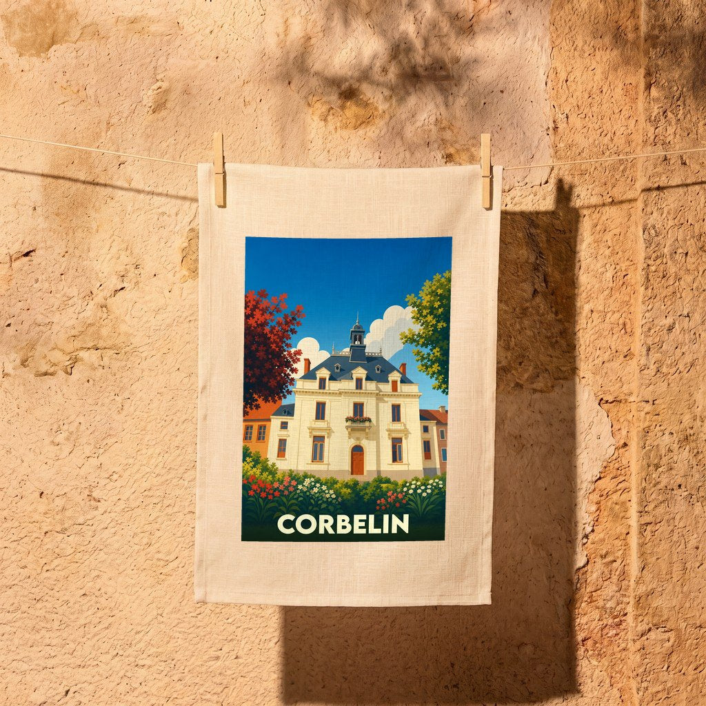 Torchon souvenir de la ville de Corbelin orné d'une illustration stylisée de son patrimoine architectural.