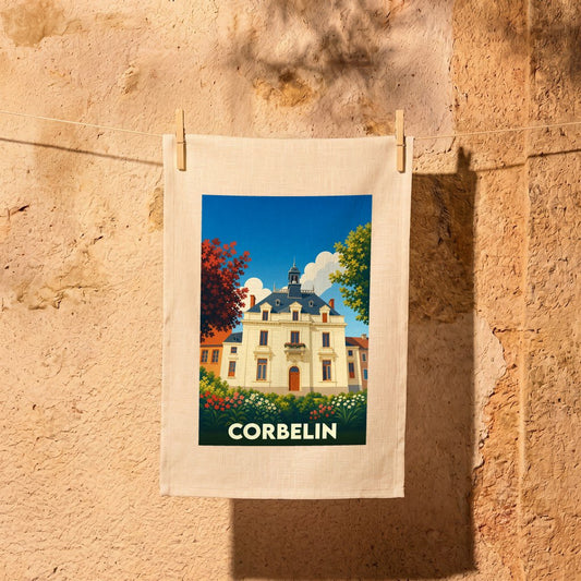 Torchon souvenir de la ville de Corbelin orné d'une illustration stylisée de son patrimoine architectural.