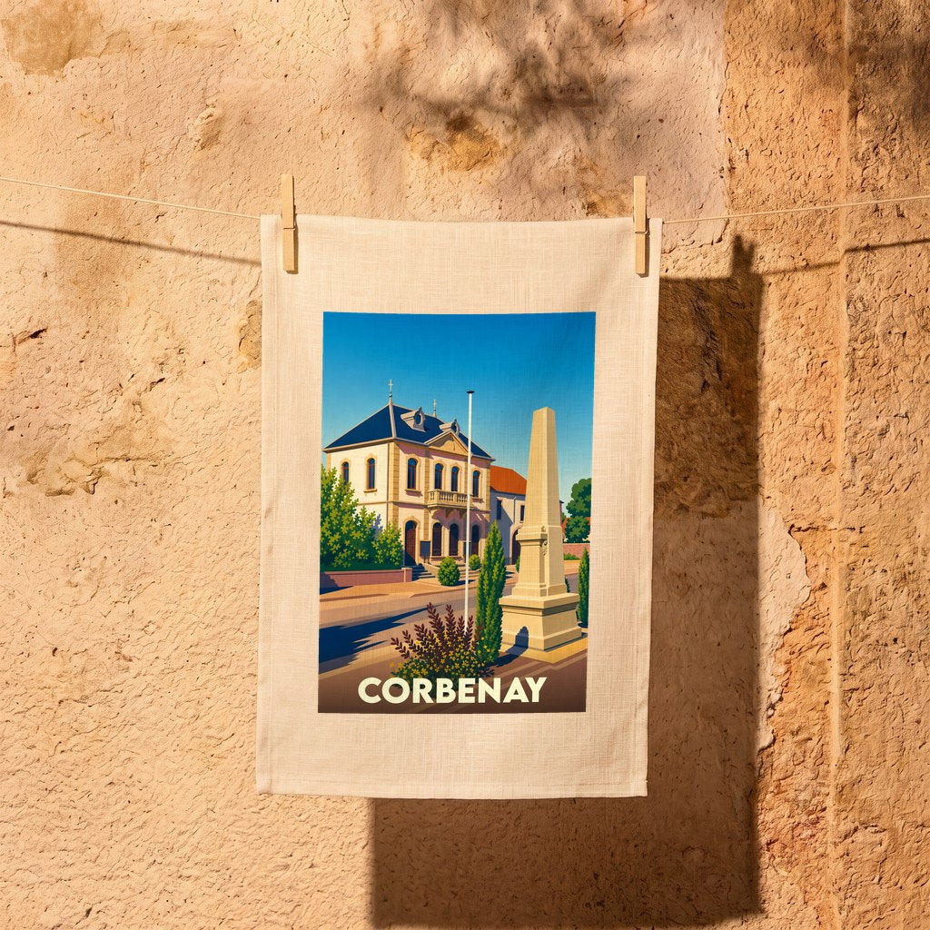Torchon souvenir de la ville de Corbenay avec une illustration stylisée.