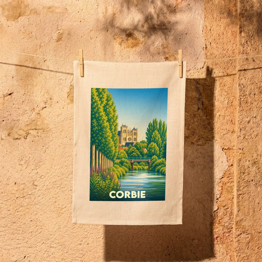 Torchon souvenir de la ville de Corbie avec une illustration stylisée.