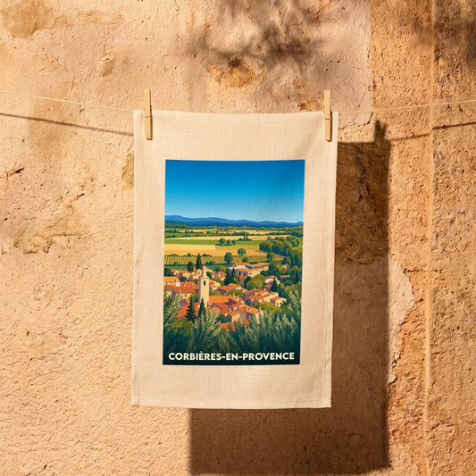 Torchon souvenir de la ville de Corbières-en-Provence illustré d'un paysage provençal stylisé.