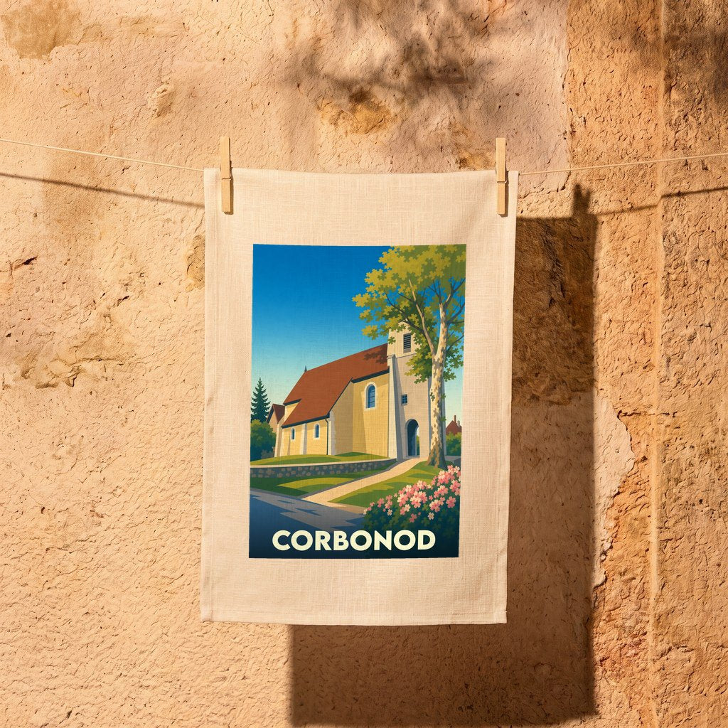 Torchon souvenir de la ville de Corbonod avec une illustration stylisée de son église.