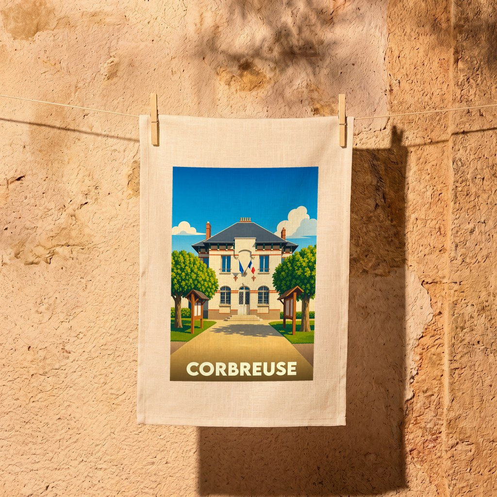 Torchon souvenir de la ville de Corbreuse avec une illustration stylisée de sa mairie.