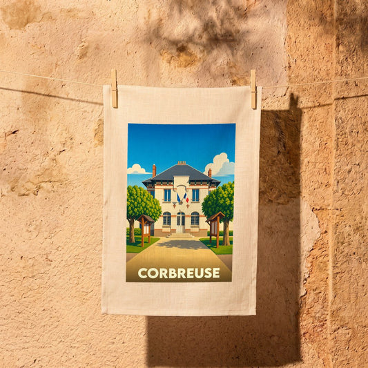 Torchon souvenir de la ville de Corbreuse avec une illustration stylisée de sa mairie.