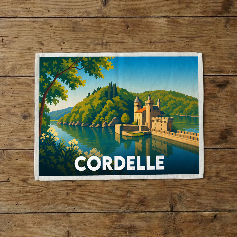 Torchon souvenir de la ville de Cordelle avec une illustration stylisée d'un château au bord de l'eau.