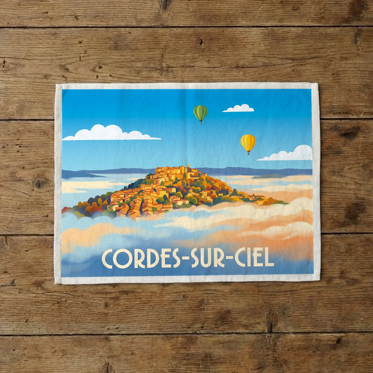 Torchon souvenir de Cordes-sur-Ciel illustré d'une vue stylisée du village émergeant des nuages avec des montgolfières.