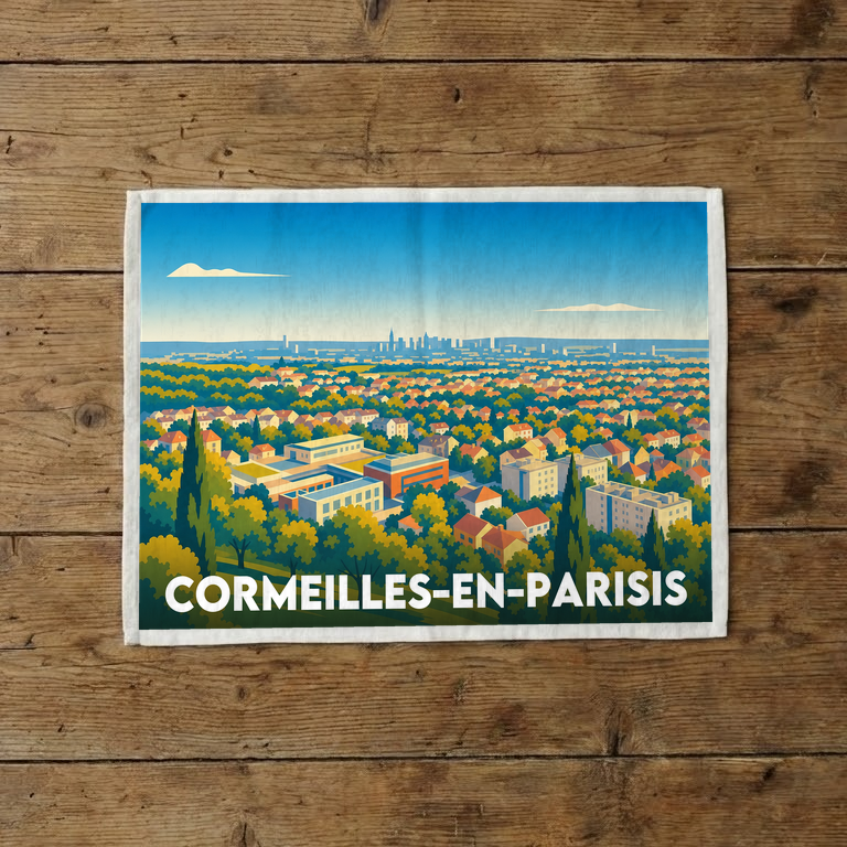 Torchon souvenir de la ville de Cormeilles-en-Parisis avec une illustration stylisée d'un panorama urbain.