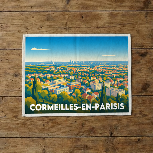 Torchon souvenir de la ville de Cormeilles-en-Parisis avec une illustration stylisée d'un panorama urbain.