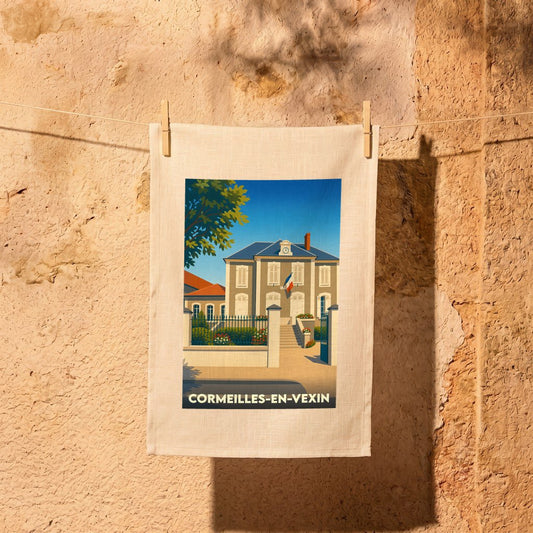 Torchon souvenir de la ville de Cormeilles-en-Vexin avec une illustration stylisée de sa mairie.