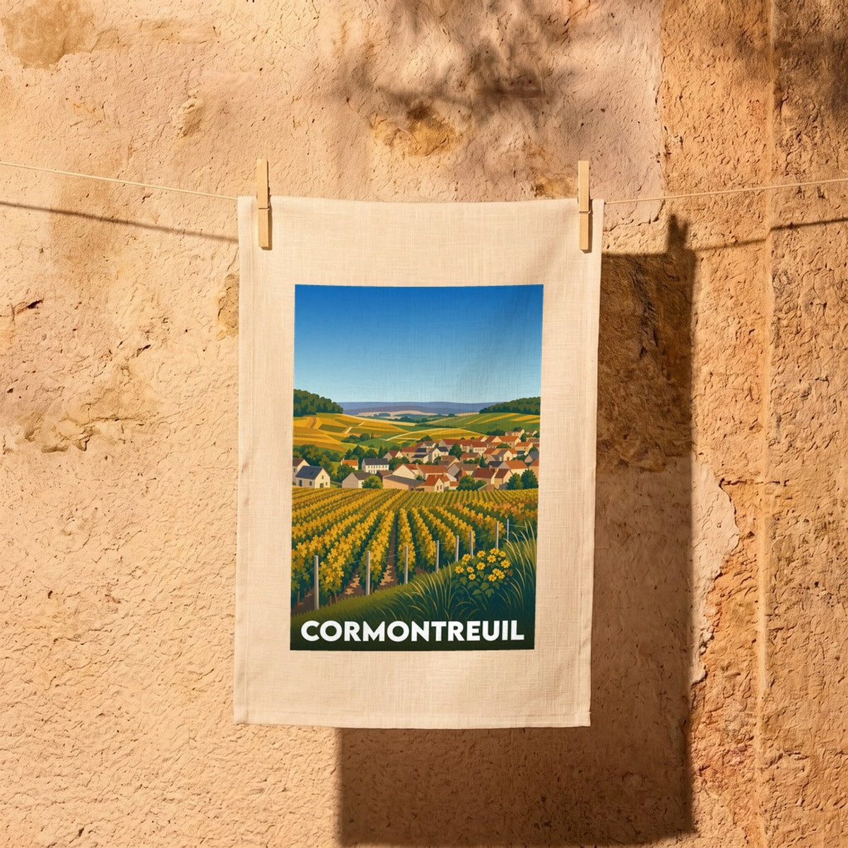 Torchon souvenir de la ville de Cormontreuil orné d'une illustration stylisée de ses vignobles et de son village.