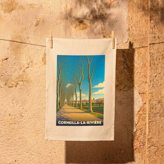 Torchon souvenir de Corneilla-la-Rivière avec une illustration stylisée d'une allée d'arbres.