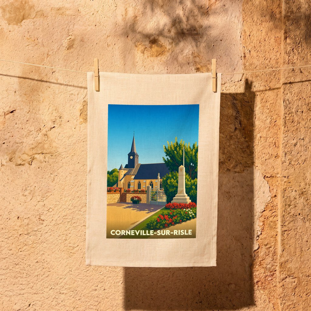 Torchon souvenir de la ville de Corneville-sur-Risle avec une illustration stylisée.