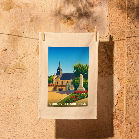 Torchon souvenir de la ville de Corneville-sur-Risle avec une illustration stylisée.